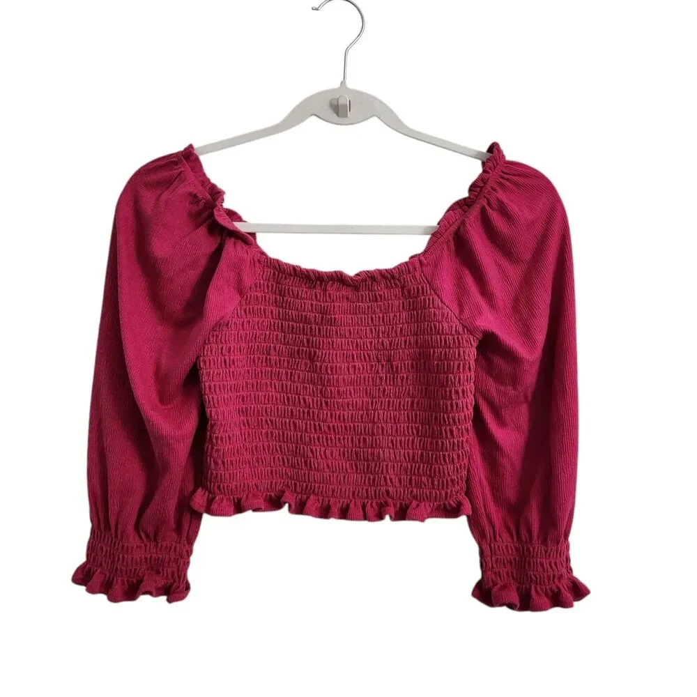 Free People Brenyce Blouse XS Pink Smocked Crop Top Boho Ruffled Jungle‎ Flower